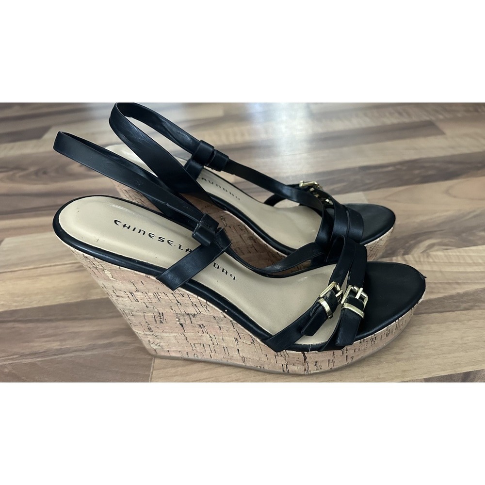 Chinese Laundry Black Leather Cork Wedge Platform Sandal Summer Heels Size 8 - Picture 3 of 11